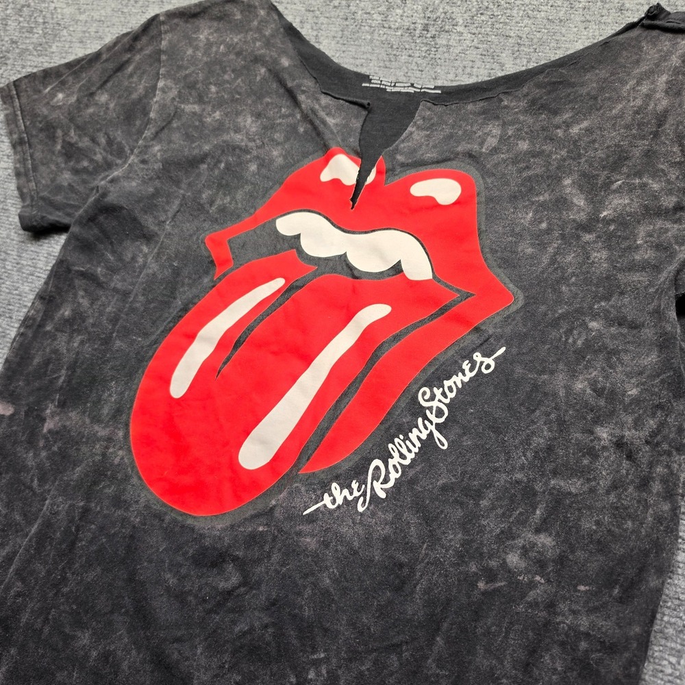 Rolling Stones Shirt XL Womens Acid Wash Black Tongue Graphic Tee Notch Neck